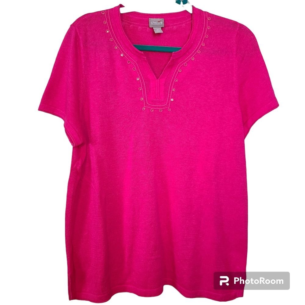 Chico's Size 2 Large Hot Pink V-Neck Relaxed Fit Linen Blend Lightweight Sweater